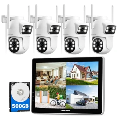 Imagen de CAMCAMP Kit Cámara de Vigilancia WiFi con 10&#039;&#039; 10CH NVR Monitor&amp;500GB HDD,2.4G/5G WiFi,2K Doble Lente PTZ Color Visión Nocturna,Movimiento Seguimiento Automático,24/7 Grabación,2 Vías Audio