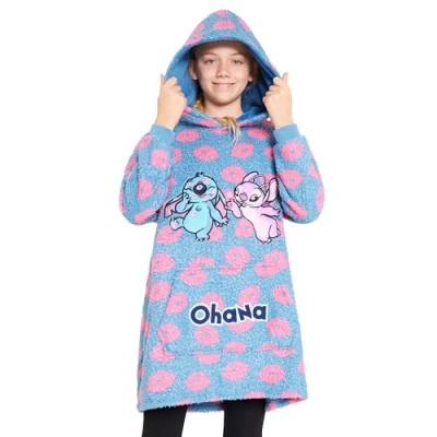 Imagen de Disney Sudaderas con Capucha para Niña, Sudadera Stitch Batamanta Infantil, Bata Manta Polar Oversize Ropa Niñas (Azul Stitch/Ángel)