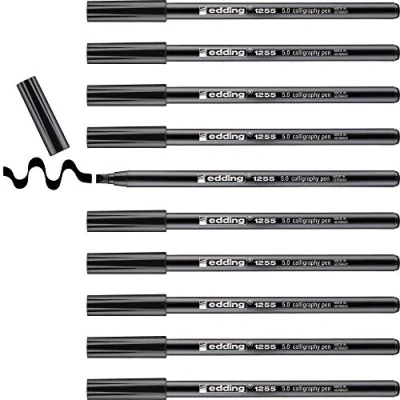 Imagen de edding 1255 rotulador caligráfico negro 10 rotuladores punta 5 mm de fibra para papel, madera, terracota principiantes, letras a mano, bullet journals, libros caligrafía