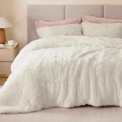 Imagen de Sacebeleu Juego de ropa cama peluche (135 x 200 cm, 4 piezas, para invierno, franela franela), color blanco