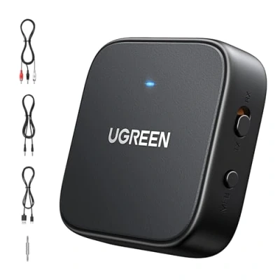 Imagen de UGREEN Transmisor Receptor Bluetooth 5.2 2 en 1 Adaptador AUX Jack 3.5mm y RCA Audio inalámbrico con Micrófono Incorporado para TV Coche PC Altavoz Amplificador Auriculares