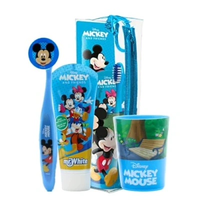 Imagen de Mr.White Mickey Mouse Juego de bolsas para niños, ideal viajes, incluye cepillo dientes manual con ventosa, tapa viaje, pasta sabor a menta suave 75 ml, y 1