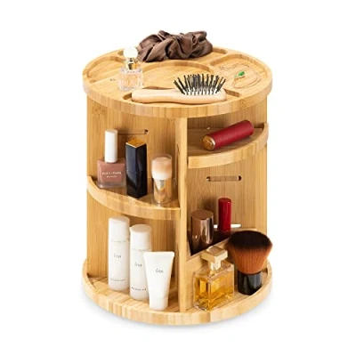 Imagen de Navaris Organizador de Maquillaje Giratorio Cosméticos 360 grados Bambú con Estantes Ajustables para Baño, Dormitorio