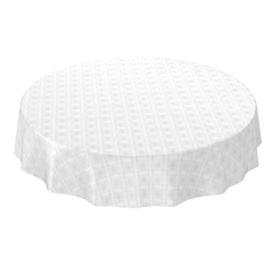 Imagen de ANRO Mantel de hule lavable, diseño cuadros, color blanco, estampado damasco, redondo, 120 cm