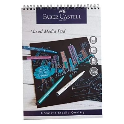 Imagen de Faber Castell Creative Studio Bloc de medios mixtos, A3, papel encuadernado en espiral (negro), 250 g/m², 30 hojas, todos los medios, acrílico, pintura acuarela, lápices, pastel, carbón, grafito,