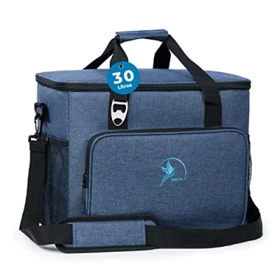 Imagen de Obics Bolsa Nevera Plegable Grande de 30 litros Azul térmica para Camping o Comida en el Trabajo Llevar Viaje con Compartimentos Caja Almacenamiento Calor