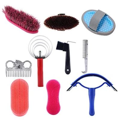 Imagen de cepillo para Pony, 10 piezas Kit de aseo caballos cuidado cabello caballos, peine curry ecuestre, conjunto herramientas limpieza