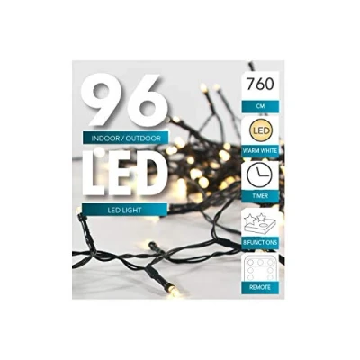 Imagen de Cadena de 24, 48, 96 luces LED, con temporizador y parcialmente mando a distancia (Variante), cable verde, para uso interior exterior, luz blanco cálido, frío