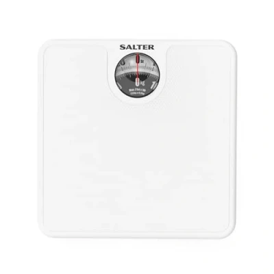 Imagen de Salter Báscula de baño mecánica 489JS WHDR, pantalla fácil leer con lente aumento, mide el peso preciso en piedras y kilogramos, no requiere pilas, color blanco