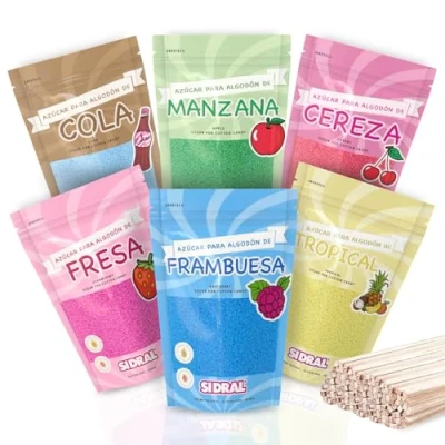 Imagen de SIDRAL Azucar para Máquina Algodón 5 + 1 GRATIS (6 x 250 gr) con 50 Palitos Reciclables Degustación Lote de 6 Sabores (Fresa, Frambuesa, Cola, Cereza, Tropical y Manzana) Ideal Fiestas