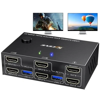 Imagen de Conmutador KVM USB 3.0 HDMI 4K@60Hz 2K@144Hz, 2 PC Monitores, Emulador EDID, de Monitor Dual para Computadoras que comparten Monitores y 4 Puertos