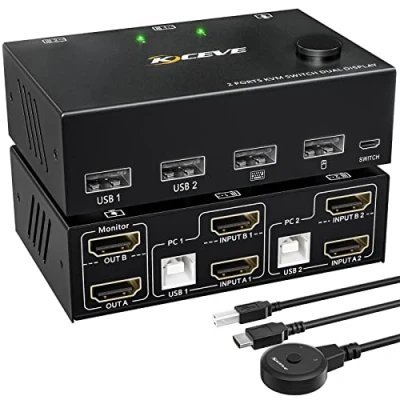 Imagen de KVM Switch HDMI Dual Monitor, 2 puertos 4K @30 Hz, USB PC monitores y 4 concentradores 2.0, con cables USB, interruptor de botón