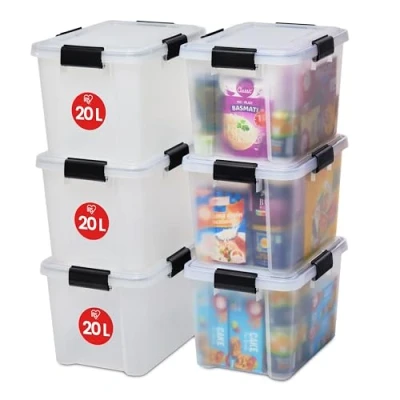 Imagen de Iris Ohyama 6 Cajas herméticas de plástico con tapa y cierres a presión, 20L, Transparente, sello impermeable, apilables, antipolvo, para ropas, camping, exteriores, cubo almacenaje, box, AT SD
