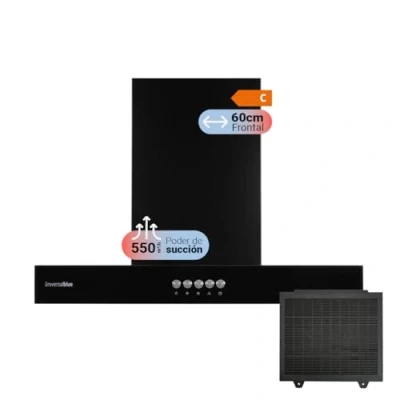 Imagen de UNIVERSALBLUE Campana Decorativa en Forma de T Color Negro 3 Potencias Filtros Extraibles y Lavables 66dB Envío Subida a Planta Incluido