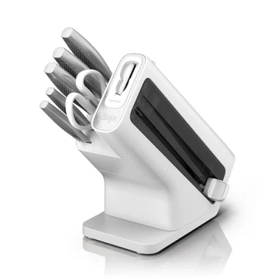 Imagen de Ninja StaySharp Taco de cuchillos, Juego 6 piezas en acero inoxidable, Afilador integrado, 5 cuchillos (Chef, para pan, Fileteador, Multiusos y pelar) tijeras, Blanco, K62006EUWH