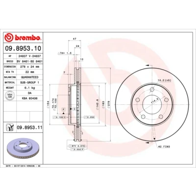 Imagen de BREMBO COATED DISC LINE 09.8953.11 Disco de freno 278 24 5 ventilación interna revestido MAZDA: Tribute Wagon, FORD USA: Escape II