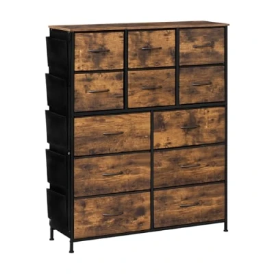 Imagen de WOLTU Cajonera de Cajas Tela, Cómoda para Dormitorio, Mueble Almacenaje con 12 Cajones y 5 Bolsillos, Estructura Metal, Marrón Rústico+Negro, SSK012vbn