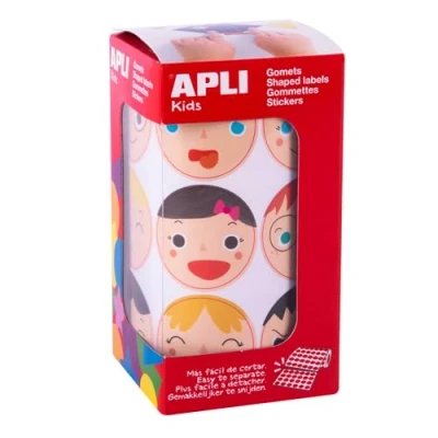Imagen de APLI Kids 18771 Rollo de 360 gomets redondos con caras emociones Ø33 mm, adhesivo removible