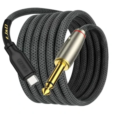 Imagen de J&amp;D USB Tipo C a 6,35 mm 1/4 de Pulgada TS Macho Interconexión Mono Audio Cable Adaptador Auxiliar Compatible con iPhone 15/15 Plus/15 Pro/15 Pro Max Trenzado Chapado en Oro, 2 Meter