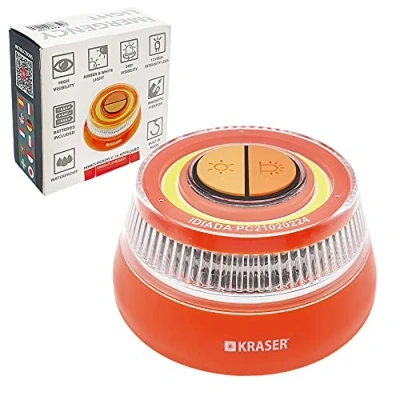 Imagen de KRASER KR4V16N Luz Carretera Naranja, Holomogada DGT LED Intensidad, Baliza Luminosa de Emergencia Imantada, Autónoma, Pilas Incluídas, Compacta Linterna con Colgador