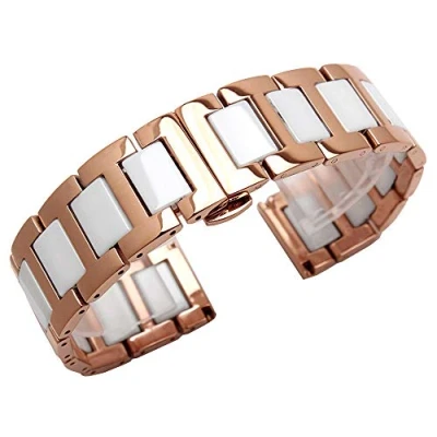 Imagen de Kai Tian Correa de Reloj cerámica Blanca para niñas 18mm Pulsera con Cierre desplegable Acero Inoxidable Oro Rosa