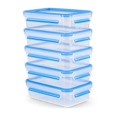 Imagen de Emsa Clip &amp; Close Set Batch Cooking de 5 Recipientes Herméticos Plástico Rectangular 0.8 L, higiénico, no retiene olores ni sabores 100% libre BPA, Transparente/Azul
