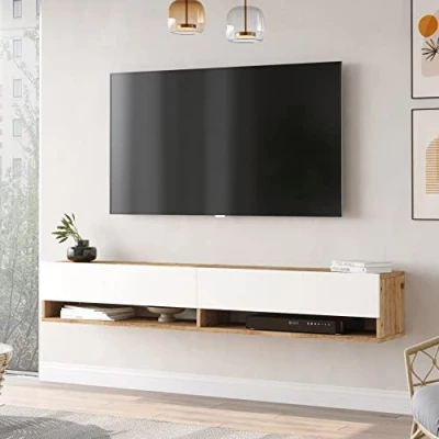 Imagen de [en.casa] Mueble TV Suspendido con Espacio de Almacenaje Mesa Tele Pared 2 Puertas y Estantes Aglomerado 180 x 32 30 cm Roble Rústico/Blanco