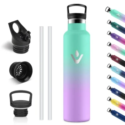 Imagen de Vikastar Botella Termica, 1000 ml sin BPA, Agua Acero Inoxidable, a Prueba de Fugas, Cantimplora, Reutilizable, para Deporte, Oficina, Gimnasio, Verde Lago &amp; Morado Claro