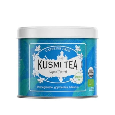 Imagen de Kusmi Tea AquaFrutti Té Orgánico Mezcla de Hibisco y Frutas Manzana, Granadas, Bayas Goji Tisana sin Teína Disfrutar Caliente o con Hielo Lata 100g para aprox. 50 tazas