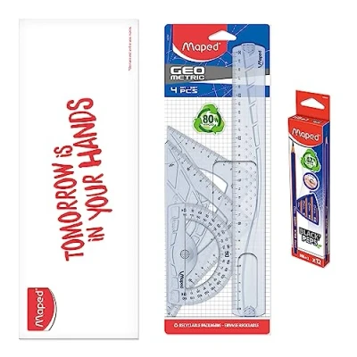 Imagen de Maped Kit de geometría 4 piezas + 12 lápices papel marino Regla 30 cm Escuadra escolar 60/21cm 45/21cm transportador 180/12cm Set trazado rígido transparente