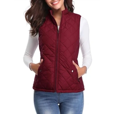 Imagen de fuinloth Chaleco Mujer Acolchado Invierno sin Mangas Chalecos Exteriores Abrigo Ligero con Cremallera ​con Bolsillos Rojo Vino L