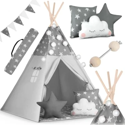 Imagen de NUKIDO Tipi Tienda de campaña algodón, Marco Madera, diseño Encantador, fácil Limpiar, 120 x 165 cm, guirnaldas Luces Gris