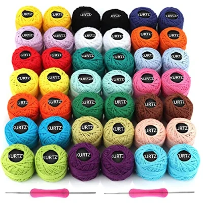 Imagen de Kurtzy Hilo Crochet Colorido (42 Bolas) 2 Agujas de Ganchillo (1 mm y mm) Cada Madeja Algodón Pesa 5 g Total 1512 m Kit Surtido