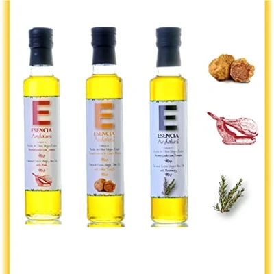 Imagen de Aceite de oliva Virgen Extra Aromatizado, 3 Botellas cristal 250 ml con aromatizado esencias naturales (Trufa Blanca Jamón Romero)