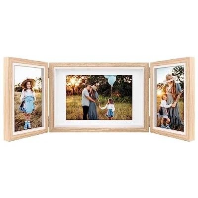 Imagen de Marco de fotos triple para múltiples fotos, 3 marcos 4 x 6 y 5 7 pulgadas, grano madera