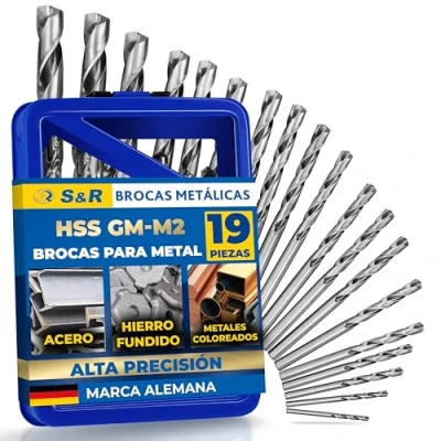 Imagen de S&amp;R Juego de 19 Brocas para Metal y Hierro Rectificadas HSS 1 10 mm 118 serie GM DIN 338 Calidad Profesional