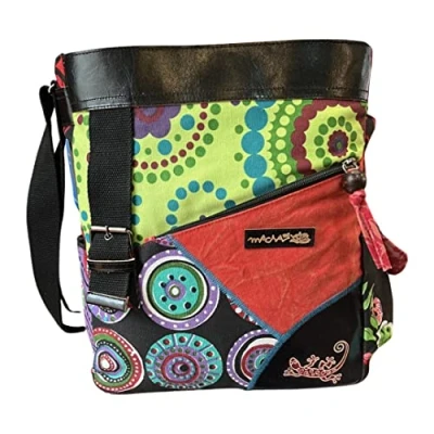 Imagen de Macha bolso de algodón étnico con estampados coloridos e inserciones cuero, hombro y cuero para mujer Indio colorido (Negro)