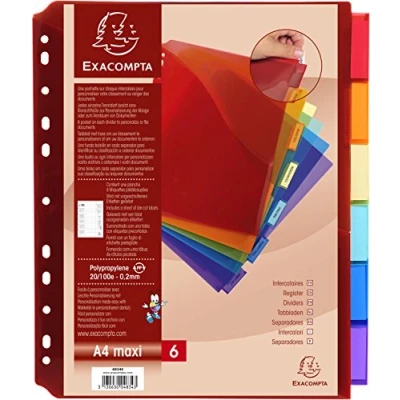 Imagen de Exacompta, 4834E, Separadores para archivadores de palanca o anillas, con bolsillo personalizables, Polipropileno Alta Resistencia 20/100, 6 Posiciones, A4, Multicolor