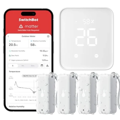 Imagen de SwitchBot Termómetro higrómetro wifi, para interior y exterior, 4 unidades, con concentrador mate 2, IP65, resistente al agua, sensor de temperatura humedad, compatible AppleHome, Alexa,
