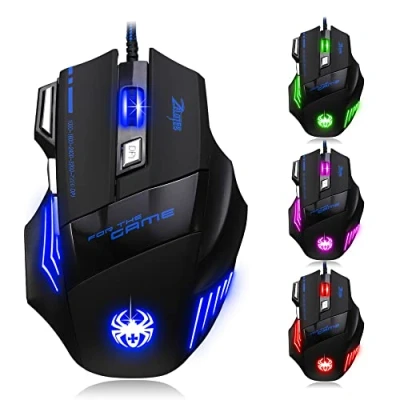 Imagen de zelotes ratón para gaming, 7200 DPI PC, con cable USB, LED cable, 7 botones, ergonómico ordenador, Mac