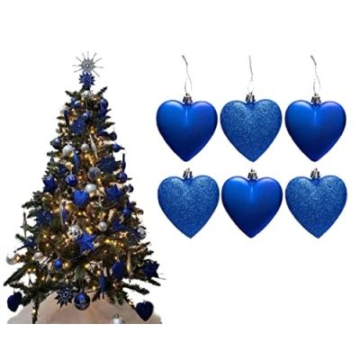 Imagen de 6 bolas grandes con purpurina y corazón mate decoraciones para árbol de Navidad, (azul real)