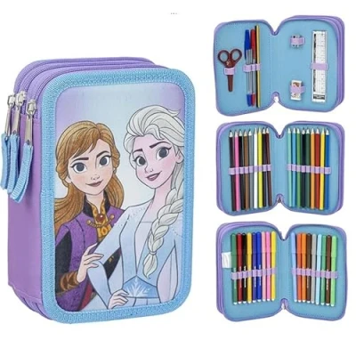 Imagen de Estuche Escolar Infantil de Frozen Color Azul Cierre Cremallera 12,5 x 6,5 19,5 cm Triple Compartimento Incluye Accesorios Producto Original Diseñado en España