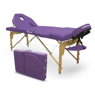Imagen de QUIRUMED Camilla de Masaje Plegable Madera Elite, Color Morado, 194 x 70 cm, Polipiel, Portátil, Respaldo abatible, Cabezal extraíble, Orificio Facial, Altura Regulable, hasta 150 kg