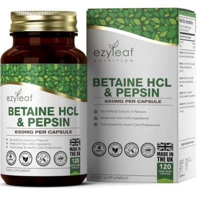 Imagen de Ezyleaf Betaine HCL con Pepsina 680mg 120 Cápsulas Veganas Clorhidrato de Betaína Suplementos Enzimas Digestivas sin Ingredientes Artificiales Certificado ISO, Gluten