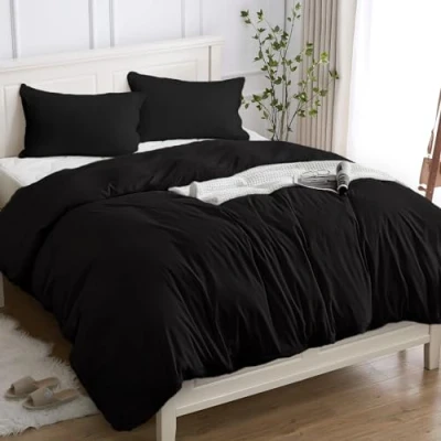 Imagen de Cotopuro Funda Nórdica Cama 90 de 100% Algodón, Juego Edredón 155x200 y 1 Fundas Almohada 50x80 Algodón Premium 150GSM, Suave, Transpirable, Hipoalergénico Negro