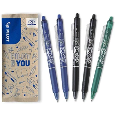 Imagen de Pilot Frixion Clicker Bolígrafo de tinta gel borrable y recargable con mecanismo presión termosensible, juego 5 unidades, color azul, negro verde, punta media