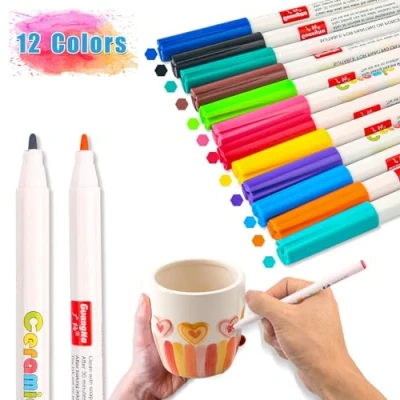 Imagen de 12 Colores Rotuladores para Porcelana Seguros En Lavavajillas, Pintar Vidrio Aptos de Cerámica y Decorar Niños a Partir 3 años