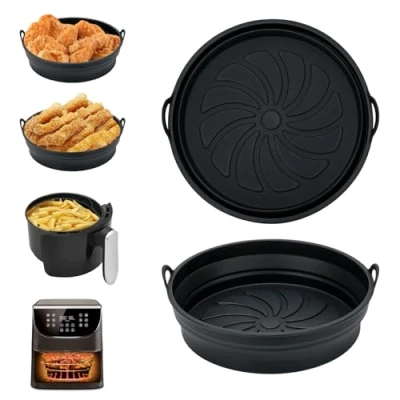 Imagen de Alyvisun Moldes Silicona Freidora de Aire, 2 Piezas Recipientes Accesorios para sin Aceite Reutilizable Bandeja Redondo Utensilios Cesta Air Fryer, Microondas, Horno (Negro)