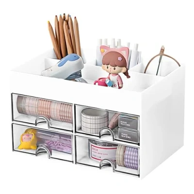 Imagen de Fervalyna Organizador Escritorio, Lapiceros para Accesorios Escritorio con 4 Compartimentos y Cajones, Portalapices Multifuncional, Organizadores Rotuladores Hogar, Oficina Escuela (Blanco)