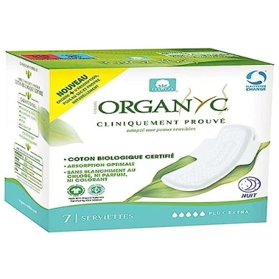 Imagen de Organyc, Servilletas Sanitarias Noche con Aletas, Algodón Orgánico Certificado, SUPER PLUS 1 pack de 7